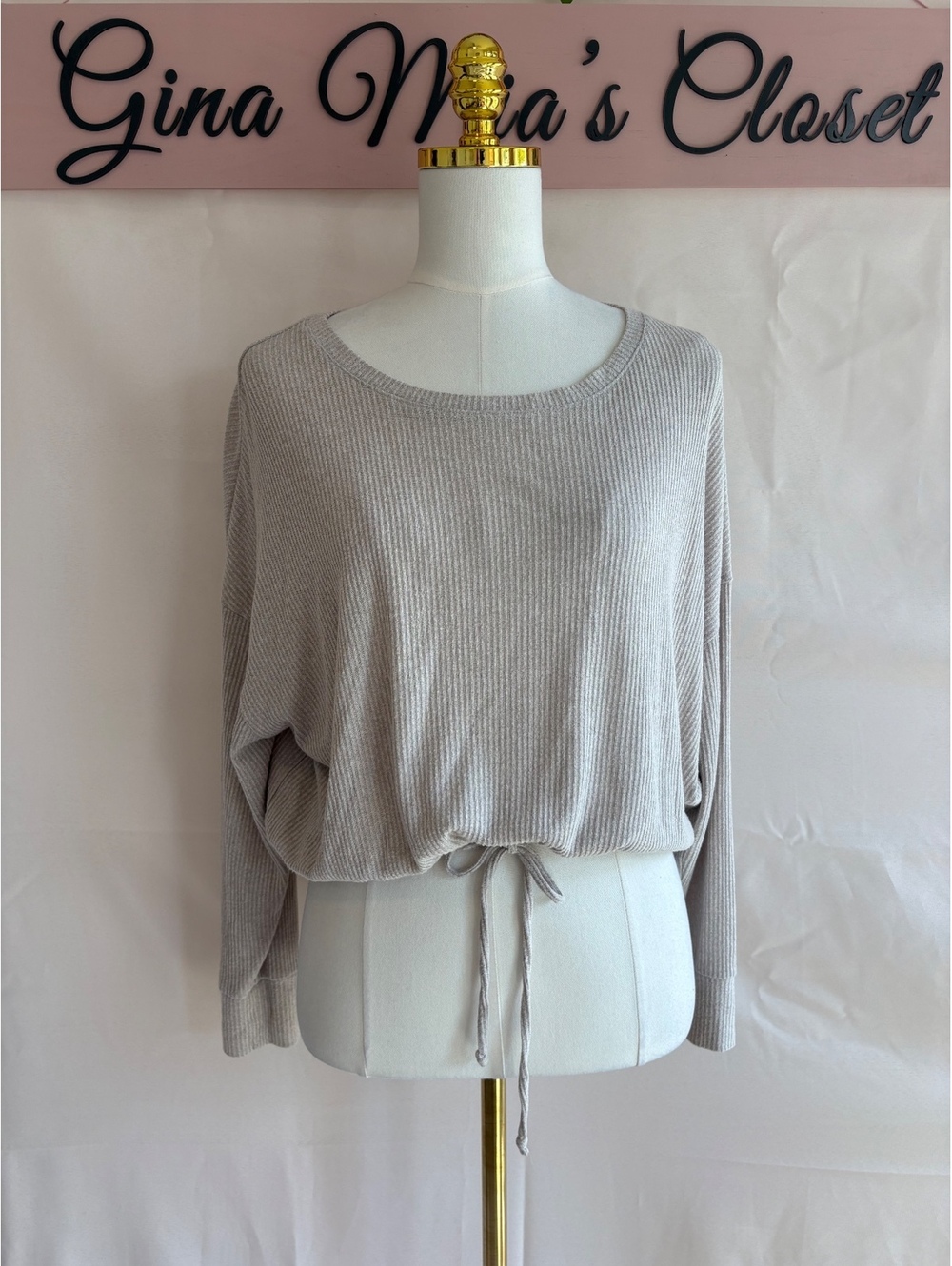 Express Women's Light Beige Ribbed Long Sleeve Sweater with Drawstring Waist, Sz